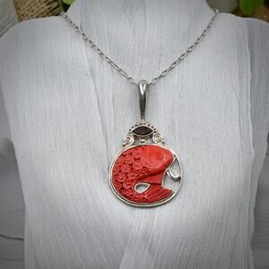 Sajen Sterling Silver 925 Carved Cinnabar Fish Garnet Pendant Necklace w Chain